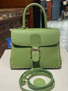 N16 Slightly Used Delvaux MM Brillant Macha Green Leather Surpiqué Shoulder Bag